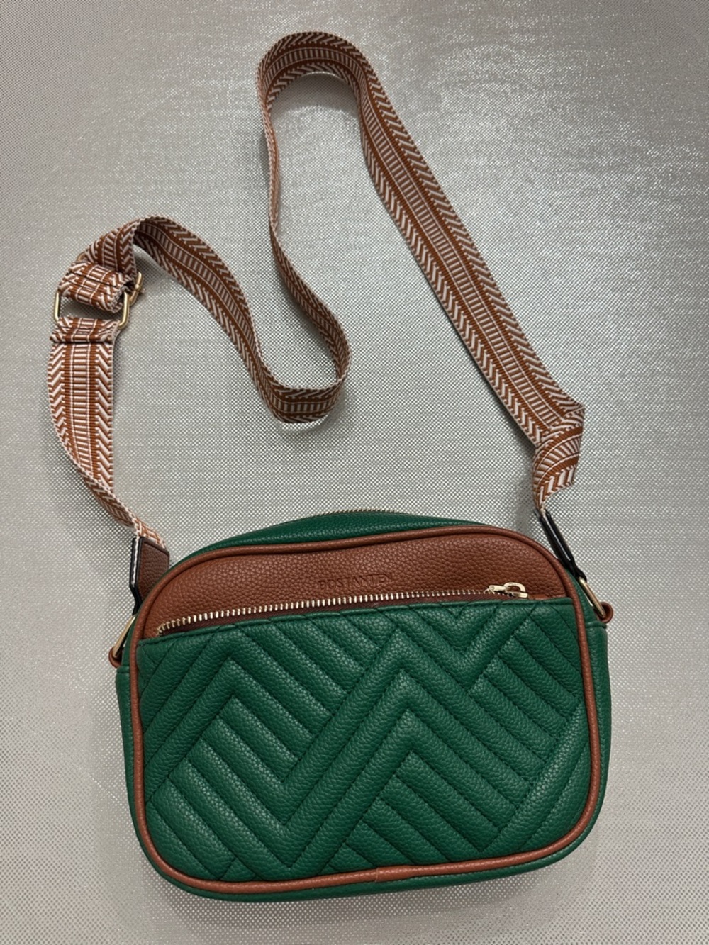 Green Quilted Bostanten Crossbody Bag with Brown Trim